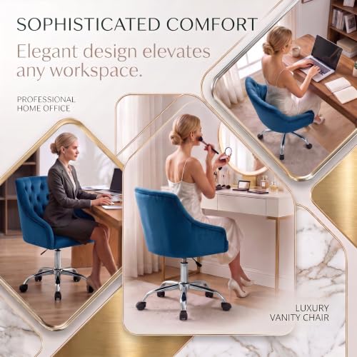 MOJAY Velvet Office Chair, Vanity Desk Chair with Wheels, Silver Base | Height Adjustable, 360° Swivel, Velvet Upholstery, Suitable for Girls, Home Office, Bedroom & Living Room - color: Blue