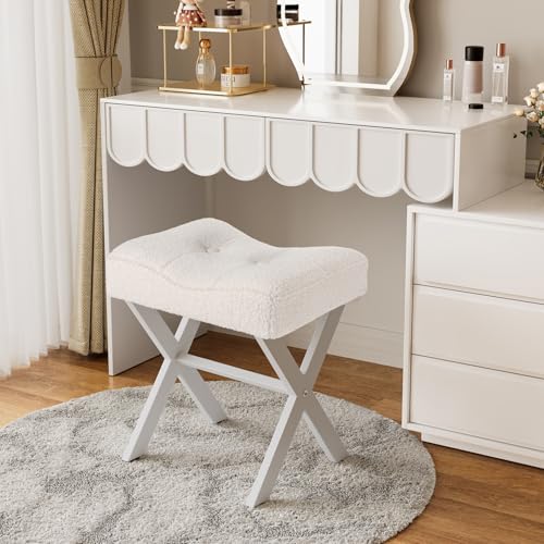 18-Inch Vanity Stool Chair, White Padded Saddle Makeup Stool | Teddy Flannel Vanity Bench, Metal X-Leg, 300 LBS, 16.3"x12.4"x18", Ottoman Accent Stool, Breathable Soft Saddle Seat - size: Small, style: White Fabric