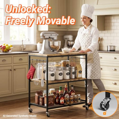 Microwave Stand with Storage, Rolling Bakers Rack, Kitchen Island Cart | 3 Tier, Lockable Wheels, 6 Hooks, 240LBS Load, Waterproof Wooden Board, Metal Frame, for Toaster, Coffee Makers, Ovens