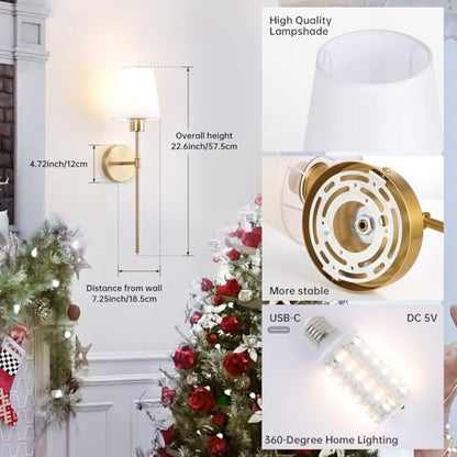 Shenmoyl Fabric Wall Sconce Battery Operated Set of 2, Rechargeable Wall Lights with 5000mAh RGB Dimmable Bulb, 12 Colors Wall Sconces for Bedroom Living Room, Gold - color: Golden