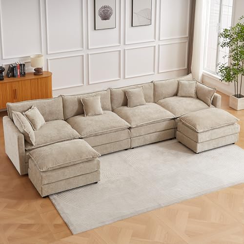 Modular Sectional Sofa, 147.2 Inch U Shaped Couch Set with Armrests, 4-Seater Comfy Cloud Couches with Movable Ottoman for Living Room Apartment, Coffee - color: Coffee, size: 147.2'' - U Shape