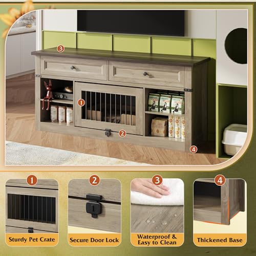 WLIVE Farmhouse TV Stand up to 65 Inch TV with 2 Storage Drawers & Open Shelves, Entertainment Center with Small Dog/Cat House, TV Cabinet for Living Room, Bedroom,Dog Crate Furniture(Grey Oak) - color: Grey Oak