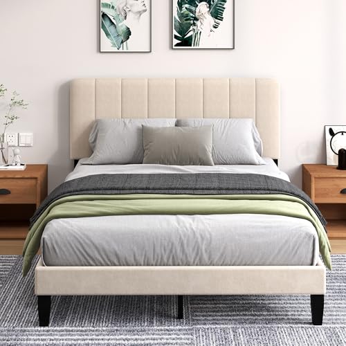 Queen Size Bed Frame with Headboard, Platform Bed with Soft Velvet Upholstered Headboard | Wooden Slats Support | Adjustable Height | No Box Spring Needed, Queen Bed Frame Beige - color: Velvet-beige, size: Queen (U.S. Standard)