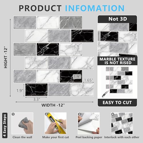 URCOLOR 10-Sheet Back Splashes for Kitchens Peel and Stick,12"x12" Self Adhesive Stick on Backsplash for Bathroom Black White Grey Marble Look - color: Black White Grey