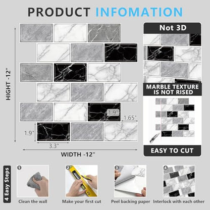 URCOLOR 10-Sheet Back Splashes for Kitchens Peel and Stick,12"x12" Self Adhesive Stick on Backsplash for Bathroom Black White Grey Marble Look - color: Black White Grey