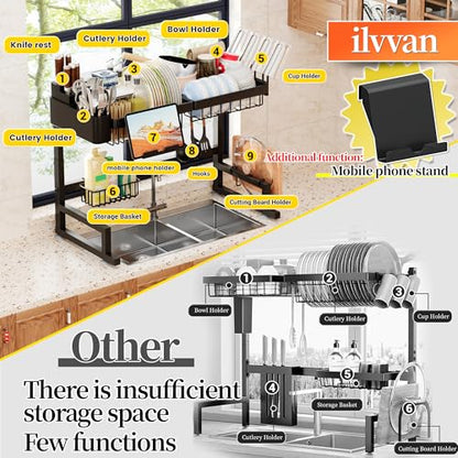 ilvvan Over Sink Dish Drying Rack (Expandable Height/Length) Snap-On Design Large Dish Drainer Storage Counter Organizer 24" - 35.5"(L) x 12"(W) x 19" - 22"(H) - size: 24" - 35.5"(L) x 12"(W) x 19" - 22"(H)