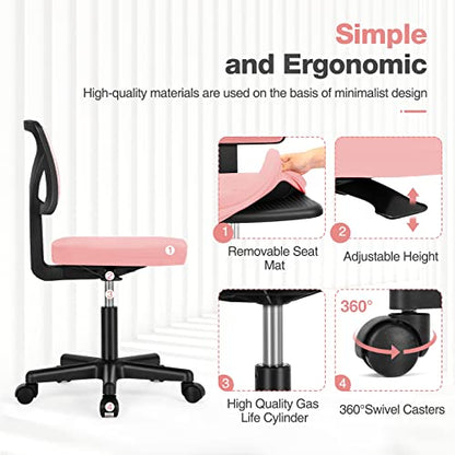 Sweetcrispy Small Armless Desk Chair, Mesh Rolling Office Chairs | Adjustable Ergonomic Lumbar Support, Low-Back, Swivel Wheels, Home Work, Bedroom, Study, Student, Adults, Classic Pink - color: Classic Pink