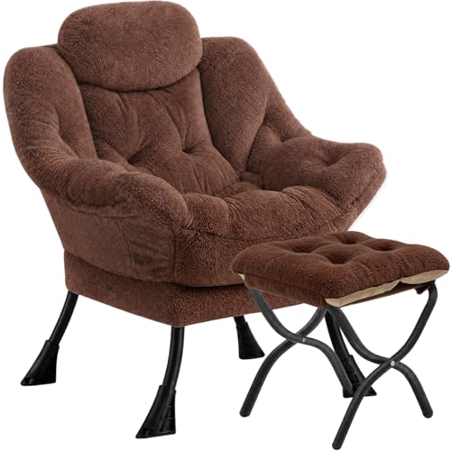 Lazy Chair with Folding Ottoman,Leisure Sofa Chair,Soft Fabric Armchair with Armrests and Side Pockets, Reading Chair with Footrest for Living Room, Bedroom, Office (Plush Dark Brown) - color: Plush Dark Brown