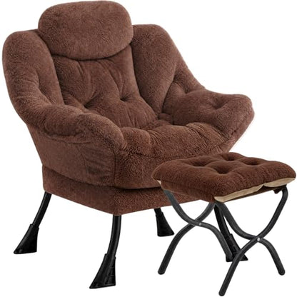 Lazy Chair with Folding Ottoman,Leisure Sofa Chair,Soft Fabric Armchair with Armrests and Side Pockets, Reading Chair with Footrest for Living Room, Bedroom, Office (Plush Dark Brown) - color: Plush Dark Brown