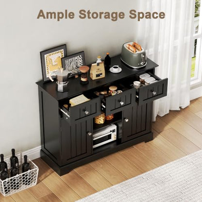 ChooChoo 35.4" Coffee Bar Cabinet with 3 Drawers and 2 Doors, Black | Buffet Cabinet with Adjustable Shelves, Storage Cabinet for Compact Kitchens, Dining rooms and Living rooms - color: Black
