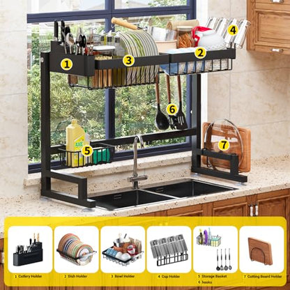 ilvvan Over Sink Dish Drying Rack (Expandable Height/Length) Snap-On Design Large Dish Drainer Storage Counter Organizer 24" - 35.5"(L) x 12"(W) x 19" - 22"(H) - size: 24" - 35.5"(L) x 12"(W) x 19" - 22"(H)