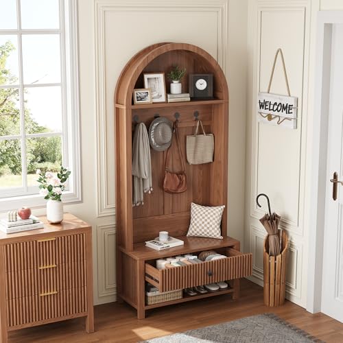 70.86-inch Entryway Hall Tree, Farmhouse-Style Wooden Coat Rack Freestanding, Entryway Organizer with Four Hooks, Standing Shoe Rack with Bench for Hallways, Foyers, and Living Rooms, Walnut - color: Walnut