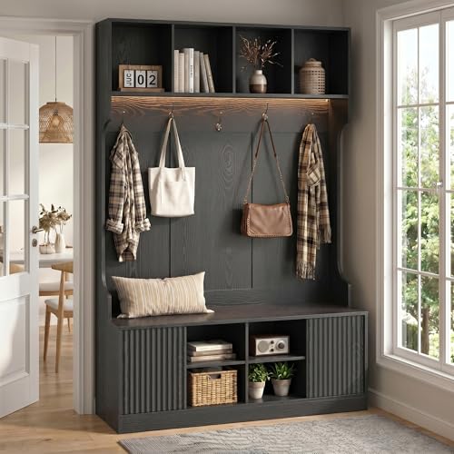 Hall Tree with Bench and Shoe Storage, 5-in-1 Entryway Coat Rack with LED Sensor Light, Hooks and Storage Cubes, Shoe Cabinet with Fluted Door, Modern Hall Tree for Entryway, Living Room - color: Black