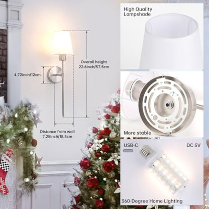 Shenmoyl Battery Operated Wall Sconces Set of 2, 80H Usage Time 22.6" Rechargeable Wall Light with Dimmable Bulb, 12 Colors Wall Sconce for Bedroom Living Room, Silver - color: Nickel