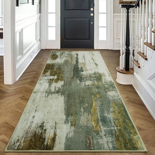 Kelarea Washable Runner Rug 2x6, Non-Slip Low Pile Abstract Green | Water & Stain Resistant, Pet Friendly, Easy Clean, Ultra Soft, for Entrance, Kitchen, Bedroom, Hallways - color: Green, size: 2' x 6' (Rectangular)