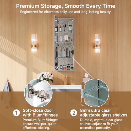 12" x 36" Bathroom Medicine Cabinet with Mirror, Recessed or Wall Mount | Medicine Cabinets with Adjustable Glass Shelves, Soft-Closed Hinge, Chrome Aluminum Frame, Reverse Installation - size: 12" x 36"