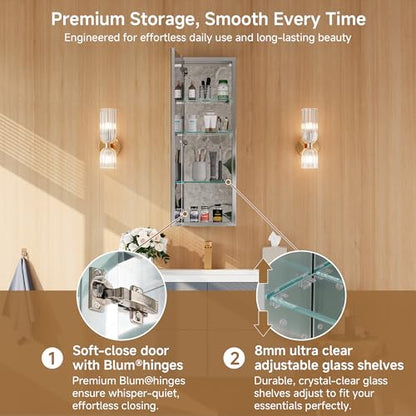 12" x 36" Bathroom Medicine Cabinet with Mirror, Recessed or Wall Mount | Medicine Cabinets with Adjustable Glass Shelves, Soft-Closed Hinge, Chrome Aluminum Frame, Reverse Installation - size: 12" x 36"