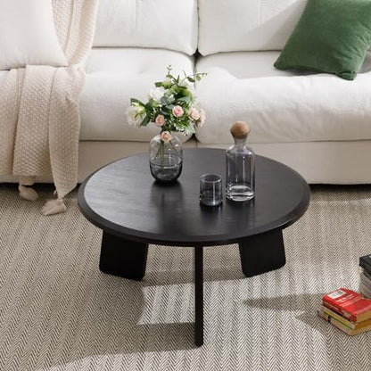 32" Round Coffee Table for Living Room, Wood Coffee Table with Solid Wood Legs, Small Center Table for Apartment, Modern Rustic Coffee Table with Anti-Resistant Top, Easy Assembly, Black - color: Circle, Black