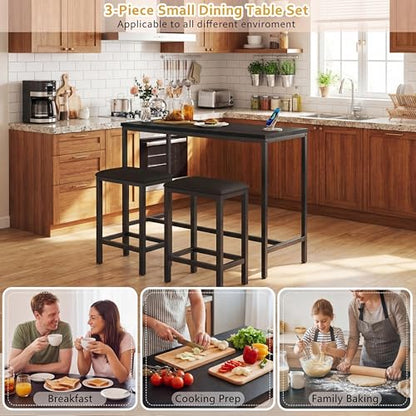Bar Table and Chairs Set, 63'' L-Shaped Bar Table with 2 Stools, Counter Height Kitchen Table with Built-in Power Outlets, Left/Right/Straight Convertible Design, Faux Leather Upholstered Seating - color: Black