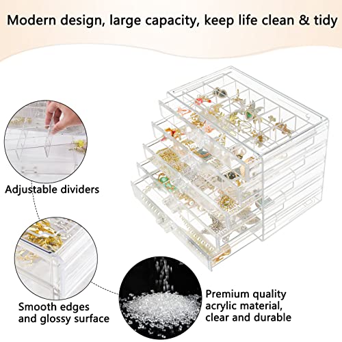 Weiai Clear Acrylic Jewelry Organizer Box 90 Adjustable Grids for Earrings Rings - size: 5 Drawers