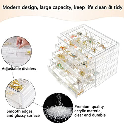 Weiai Clear Acrylic Jewelry Organizer Box 90 Adjustable Grids for Earrings Rings - size: 5 Drawers