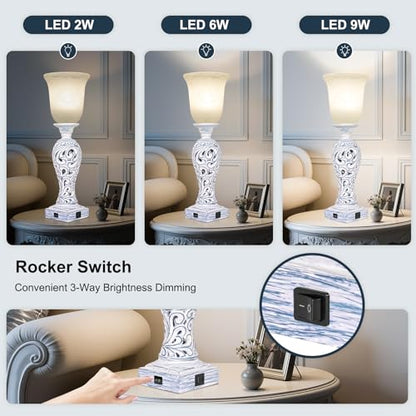 3-Way Dimmable Table Lamp with 2 USB Charging Ports, Washed Blue Finish | 20" Desk Lamp, Uplight, White Alabaster Glass Shade, Rustic Farmhouse Nightstand Light for Living Room Entryway or Office - color: Washed Blue-1 PCS