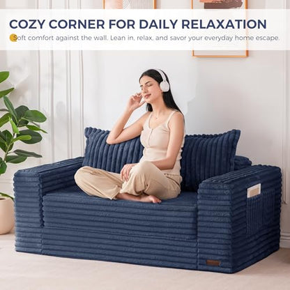 MAXYOYO Convertible Sofa Bed, Pull-Out Loveseat Couch Bed for Small Space | 2 in 1 Folding Couch Bed with Large Back Pillow, Plush Faux Fabric Lounge Couch for Living Room, Apartment, Navy - color: Navy