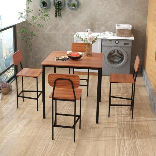 Giantex 5-Piece Dining Table Set W/Counter Height Table & 4 Bar Stools, Industrial Kitchen Dining Table Set W/Footrest & Backrest, Space-Saving Dinette Set for Pub, Dining Room, Restaurant (Walnut) - color: Walnut