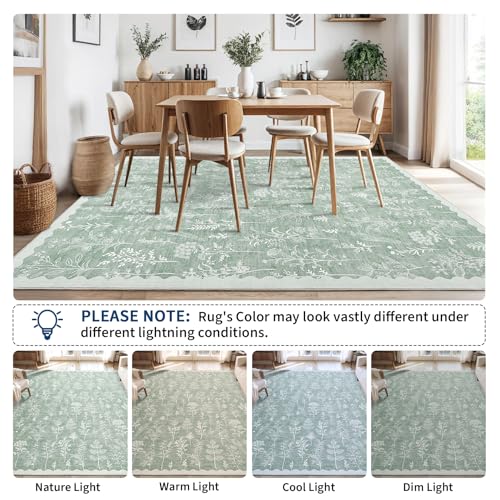 GarveeHome Washable 8x10 Area Rugs for Living Room Scalloped Floral Bedroom Rug, Non-Slip Stain Resistant Dining Table Carpet, Botanical Large Rug Neutral Carpet for Farmhouse Dorm Home Office, Green