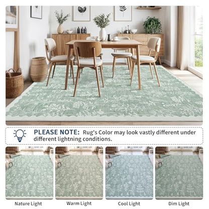GarveeHome Washable 8x10 Area Rugs for Living Room Scalloped Floral Bedroom Rug, Non-Slip Stain Resistant Dining Table Carpet, Botanical Large Rug Neutral Carpet for Farmhouse Dorm Home Office, Green