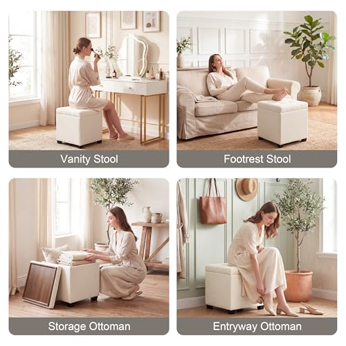 15 inch Square Storage Ottoman with Tray Lid,Modern Tufted Fabric Cube Coffee Table with Storage,Upholstered Ottoman with Removable Top for Living Room, Bedroom - color: Cream White With Tray