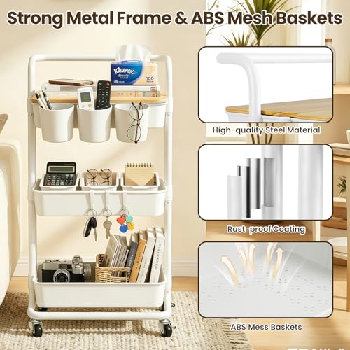 3 Tier Rolling Cart with Table Top, Utility Cart with Lockable Wheel | Hooks & Cup Holders, Multifunctional Rolling Storage Cart for Kitchen, Bathroom, Office, Bedroom, Craft, Living Room (White) - color: White