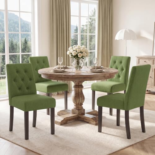 Dining Chairs Set of 4, Parsons Chairs for Small Spaces, Light Beige | Modern Dining Room Chairs with Solid Wooden Legs, Fabric Upholstered Kitchen Chairs for Restaurant & Cafe - color: Tufted Green, size: Set of 4