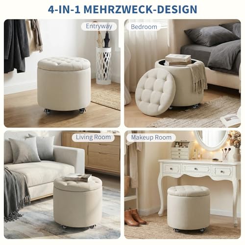 18.9 Inch Round Storage Ottoman with Wheels, Hidden Storage with Removable Lid, Stylish Button Tufted Design Ottoman for Living Room, Bedroom, Linen, Beige - color: Beige-1