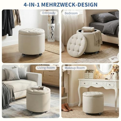 18.9 Inch Round Storage Ottoman with Wheels, Hidden Storage with Removable Lid, Stylish Button Tufted Design Ottoman for Living Room, Bedroom, Linen, Beige - color: Beige-1