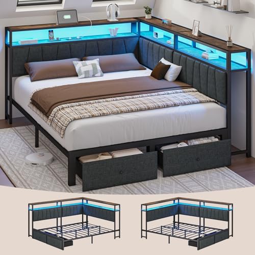 Full Corner Bed Frame with Storage Drawers, Modern Daybed with LED Lights and Charging Station, Metal Platform Bed Frame Full Size with Linen Upholstered Guardrail for Dorm Bedroom, Grey - color: Grey, size: Full