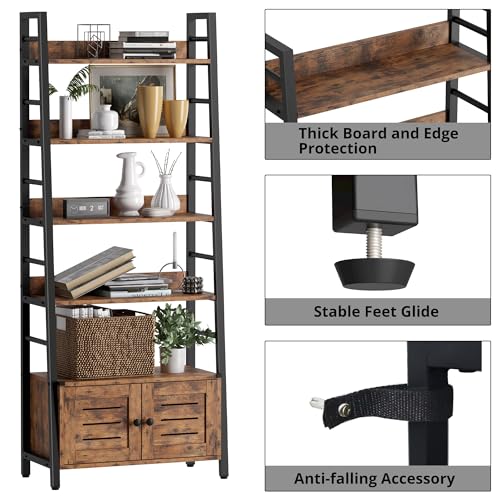 IRONCK 4 Tier Ladder Bookcase with Louvered Doors Rustic Brown | Bookshelf; Ladder Shelf;bottom cabinet; anti tip kit; for Bedroom Living Room Home Office