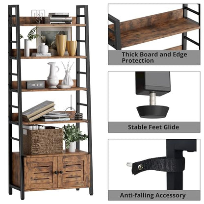 IRONCK 4 Tier Ladder Bookcase with Louvered Doors Rustic Brown | Bookshelf; Ladder Shelf;bottom cabinet; anti tip kit; for Bedroom Living Room Home Office