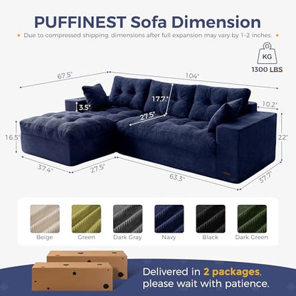 MAXYOYO Boneless Couch, 104-Inch L-Shaped Cloud Couch with Ottoman | Navy Upholstered Sofa Features Layered Cushions and Flexible Modules with No Assembly, Ideal for Modern Living Rooms. - color: Navy, size: 104" L Shape