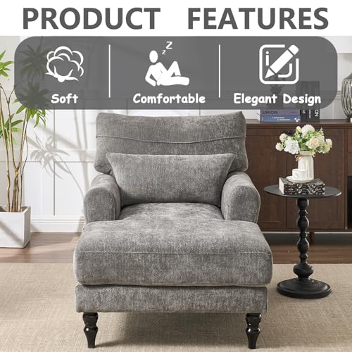 Chaise Lounge Chair Indoor Bedroom, Comfy Lounge Chair with Wide Armrest & Backrest for Small Space, Thick Cushion, High-Density Foam, Waist Pillow, Chenille (Grey) - color: Grey