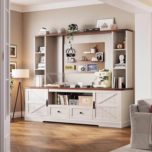 EnHomee Farmhouse Entertainment Center for 60" TV with LED & Power Outlets | Tall TV Console Wood TV Stand with Storage Shelves,Bookshelf for Living Room, Bedroom, White - color: White