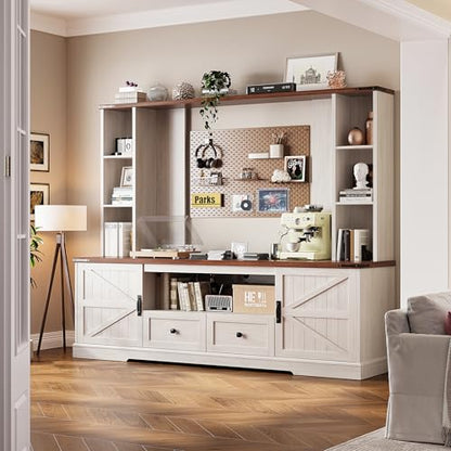 EnHomee Farmhouse Entertainment Center for 60" TV with LED & Power Outlets | Tall TV Console Wood TV Stand with Storage Shelves,Bookshelf for Living Room, Bedroom, White - color: White