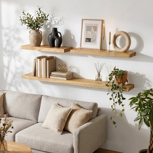 fuqing 20 Inch Floating Shelves 6.7'' Deep Natural Wood Shelves Set of 2 | 20'' x 6.7'' x 1.4'' Natural Wood Shelves for Bathroom Living Room, 35LBS, Lightweight, Hardware Included, Waterproof Finish - color: Natural, size: 20 Inch