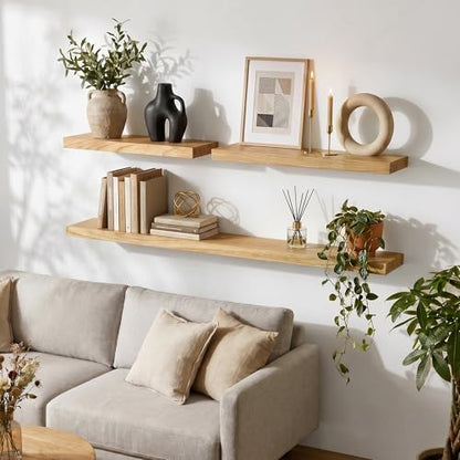 fuqing 20 Inch Floating Shelves 6.7'' Deep Natural Wood Shelves Set of 2 | 20'' x 6.7'' x 1.4'' Natural Wood Shelves for Bathroom Living Room, 35LBS, Lightweight, Hardware Included, Waterproof Finish - color: Natural, size: 20 Inch