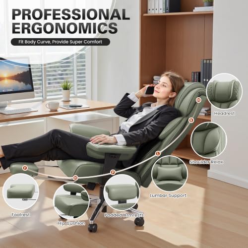 BestGlory Office Desk Chair, Big and Tall Leather Gaming Chair with Footrest, Wide Ergonomic Comfy Executive High-Back Reclining Computer Chairs, Swivel Rolling Wheels and Padded Lumbar Support, Green - color: Green, style: 3 Position Reclining