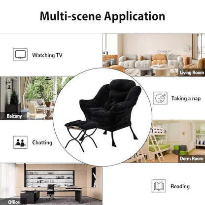 Youtanic Lazy Chair with Folding Ottoman, Accent Chair Plush Upholstered with Metal Structure and Non-Slip Pads, Sofa Armchair with Footrest and Side Storage Bag for Dorm, Room, Office, Black - color: Plush Black