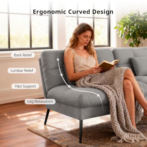 COMHOMA 72″ Convertible Futon Sofa Bed, Adjustable Backrest, Grey | Breathable Fabric Futon Couch with Pillows,Multi-angle Ergonomic Reclining,Space-saving Sleeper Sofa for Living Room - color: Grey