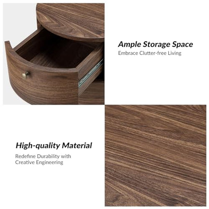 HULALA HOME Round End Table with 3 Storage Drawers, Mid Century Modern Sofa Side Table with Metal Legs, Farmhouse Wood Small Side Table for Living Room, Bedroom and Small Spaces, Walnut - color: Walnut