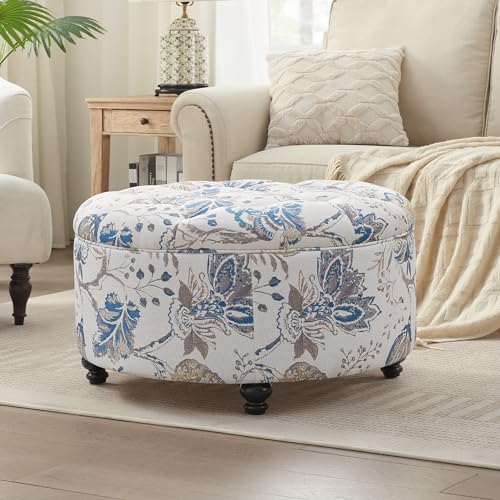 HUIMO 30-Inch Round Storage Ottoman, Button Tufted Ottoman(Blue Flower) | Ottoman Coffee Table with Removable Top, Upholstered Ottoman with Storage, Footrest Stool for Living Room, Bedroom and Office - color: Blue Flower