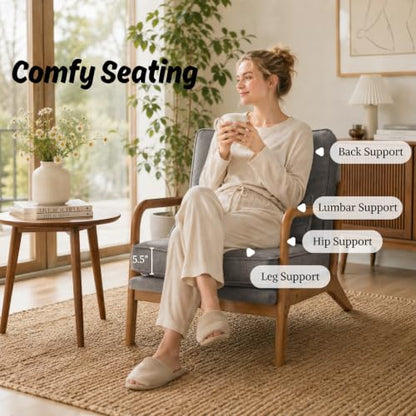Karl home Mid-Century Modern Accent Reading Chair, Grey | Linen Upholstered, Solid Wood Frame, Soft Cushion, Lumbar Pillow, Lounge Armchair for Living Room, Bedroom, Balcony, Study - color: Linen Gray